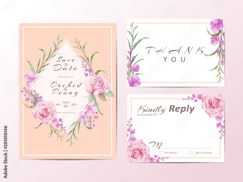 Romantic floral wedding invitation cards template. Watercolor flowers frame geometric shape
