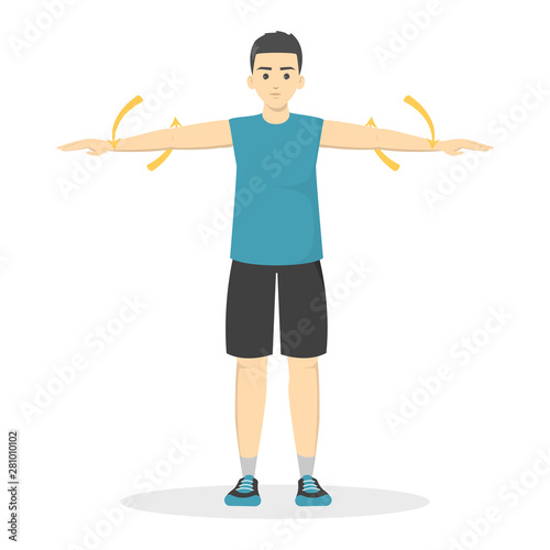Arm circles exercise. Man in sport clothes doing warm-up