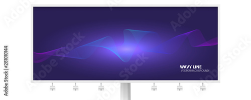 Billboard with twisted colored lines, mixed color. Dynamic flowing waves isolated on dark background. Abstract wavy spun stripes with blue, purple colors. Line art, vector design elements