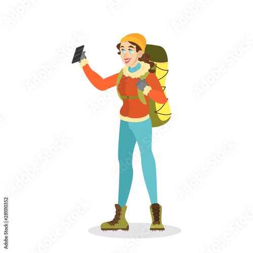 Climber woman in special winter clothes with backpack
