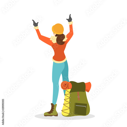 Climber woman in special winter clothes with backpack