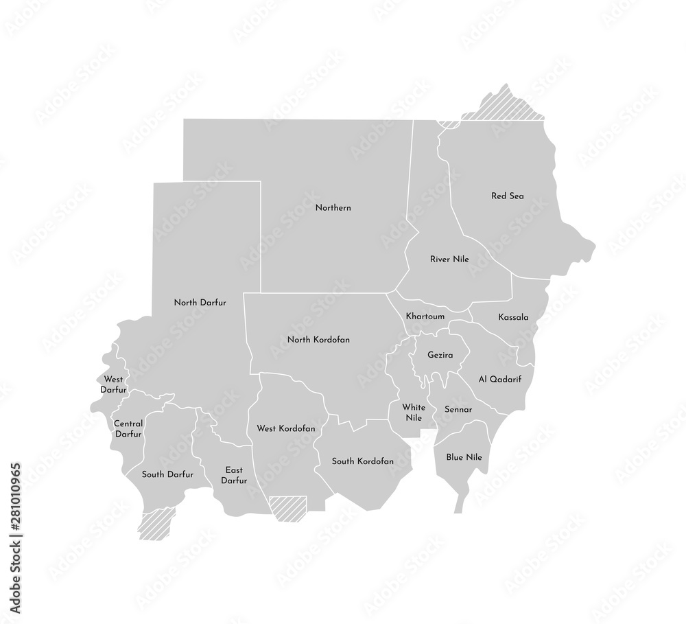 Fototapeta premium Vector isolated illustration of simplified administrative map of Sudan. Borders and names of the provinces (regions). Grey silhouettes. White outline