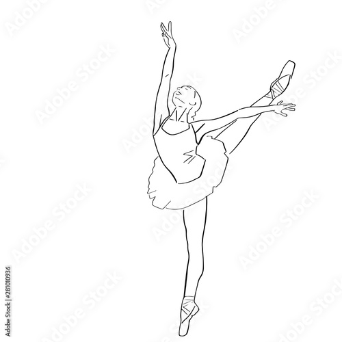 Ballerina in ballet tutu and pointe shoes on her toes. Classical dancer silhouette in elegant pose. Hand drawn outlines. Black lines drawing. Abstract vector isolated contour.