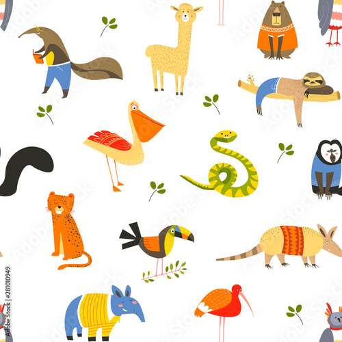 Wild American animals and birds seamless pattern wildlife