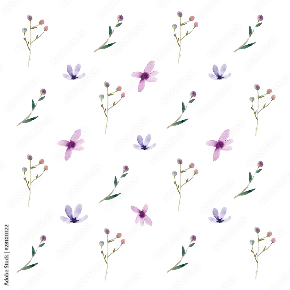 meadow pattern painted with watercolor. Illustration of wildflowers for prints and design..