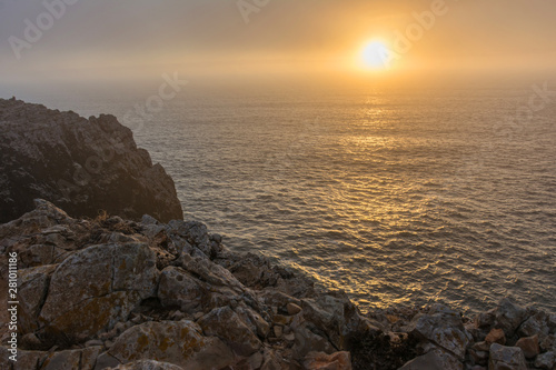 Sunset at the cape of San Vicente (in Portuguese Cabo de São Vicente) located in the southwestern tip of Portugal. It is located near Sagres (Portugal)