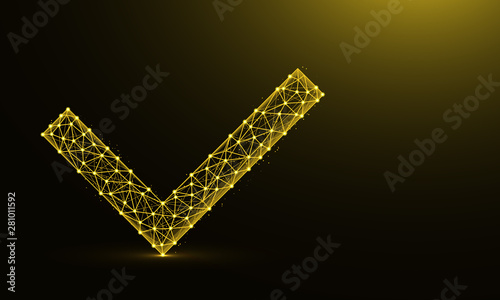 Check mark low poly design, Tick symbol in polygonal style, approved wireframe vector illustration made from points and lines on dark yellow background