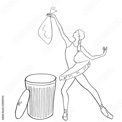 Ballerina in ballet tutu and pointe shoes throws a bag of garbage into trash bin. Classical dancer against nature pollution. Hand drawn outlines. Black lines drawing. Abstract vector isolated contour.