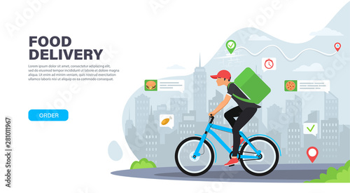 Courier on bicycle with parcel box on the back delivering food In city. Ecological fast delivery concept. Landing page design. Modern Vector illustration for websites