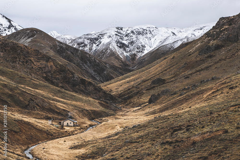 Mountain Landscape, Nature Background, Snowy Peaks High Altitude Mountains, Alpine Hut In New Zealand Wilderness