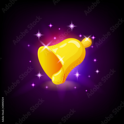 Golden bell with sparkles, slot icon for online casino or logo for mobile game on dark purple background, vector illustration