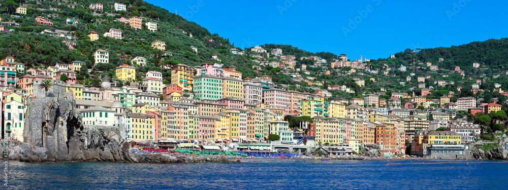 Camogli, panoramic view of the city with its colorful houses, Liguria, Italy