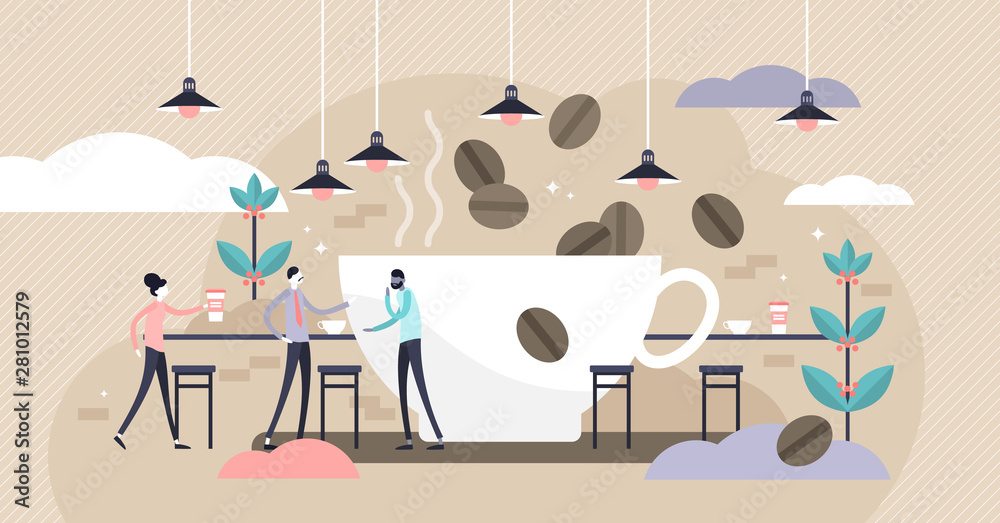 Coffee vector illustration. Flat tiny caffeine cafe drink persons concept.