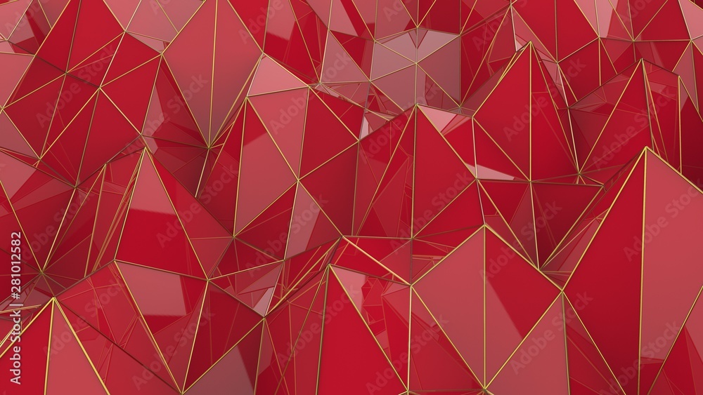 Low poly Crimson color and gold line backgound