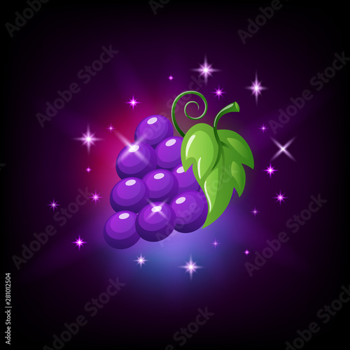 Purple grapes bunch with green leaf and sparkles, slot icon for online casino or logo for mobile game on dark purple background, vector illustration.