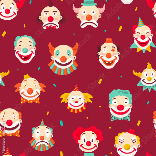 Fototapeta Naklejka Na Ścianę i Meble -  Circus clowns faces seamless pattern jokers with makeup