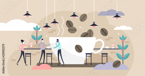 Coffee vector illustration. Flat tiny caffeine cafe drink persons concept.