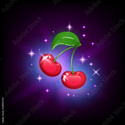 Bright red cherry with green leaf and sparkles, slot icon for online casino or logo for mobile game on dark purple background, vector illustration.