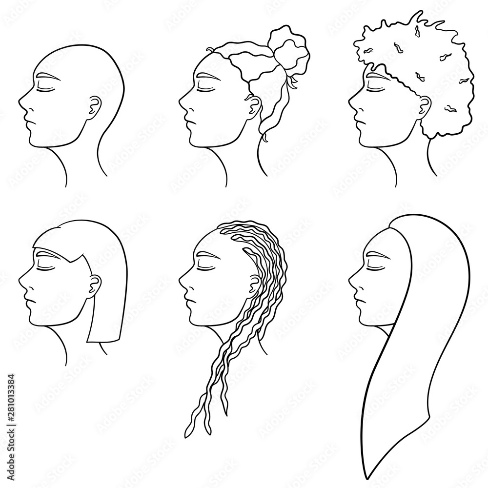 Set of six African American women hairstyles in lines. Women's heads turned in profile. Different haircuts. White background, vector. Set of six African American women hairstyles in lines. Women's heads turned in profile. Different haircuts. White background, vector.