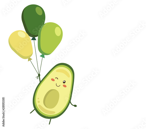 Vector illustration. Smiling, winking avocado character with balloons isolated on white background. Positive banner, poster, backdrop in kawaii style for advertising, decoration,greeting card template