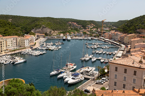 Boats moored in the marina in the southern Corsica town of Bonifacio, Corsica, France, Mediterranean photo