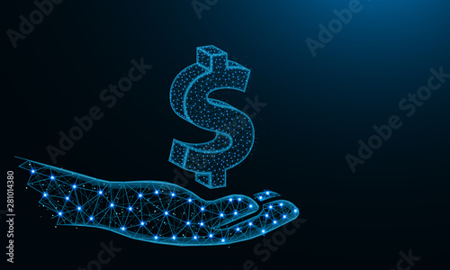 Hand holding a dollar symbol low poly design, invest or borrow money in polygonal style, financial insurance wireframe vector illustration made from points and lines on a white background