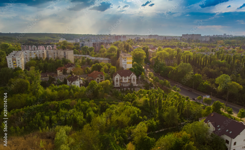 Aerial panoramic shot of Chisinau city with Valea Morilor park. Moldova