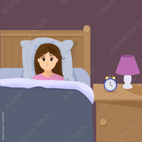 Vector illustration in flat cartoon style with sad sleepless woman in bed.  Female insomniac trying to fall asleep. Problem of sleeplessness, nightmares, sleep disorder.