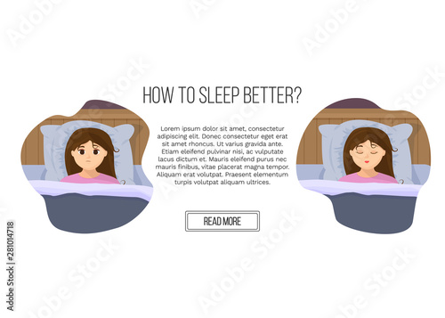 Vector illustration of page site in flat cartoon style with sad sleepless woman and sleeping girl in bed. Female insomniac trying to fall asleep. Problem of sleeplessness, nightmares, sleep disorder.