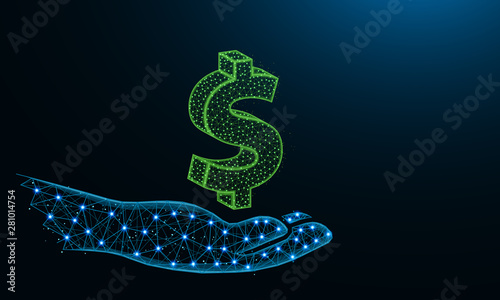 Hand holding a dollar symbol low poly design, invest or borrow money in polygonal style, financial insurance wireframe vector illustration made from points and lines on a white background