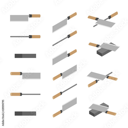 Japanese or Chinese Knives, whetstone and sharpener 3D isometric, Sharpen Kitchen knife utensils concept poster and banner design illustration isolated on white background with space, vector eps 10
