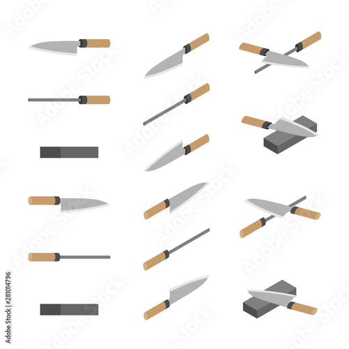 Japanese or Chinese Knives, whetstone and sharpener 3D isometric, Sharpen Kitchen knife utensils concept poster and banner design illustration isolated on white background with space, vector eps 10 photo