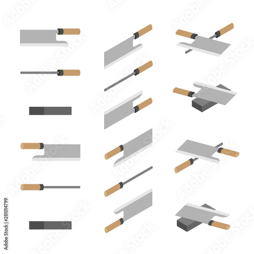 Japanese or Chinese Knives, whetstone and sharpener 3D isometric, Sharpen Kitchen knife utensils concept poster and banner design illustration isolated on white background with space, vector eps 10