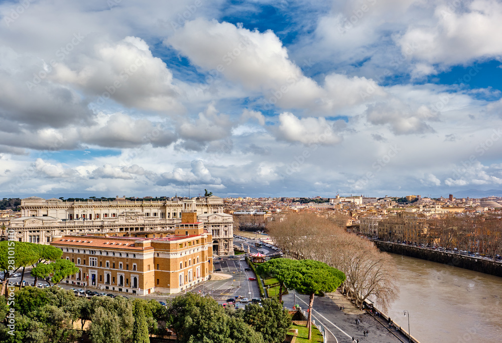 Rome skyline view from Castle of the Holy Angel (Castel Sant'Angelo) in Italy