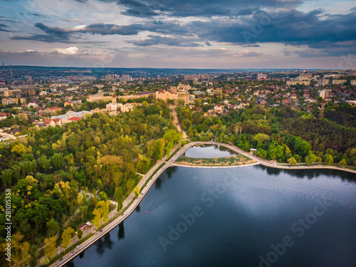 Aerial panoramic shot of Chisinau city with Valea Morilor park. Moldova photo