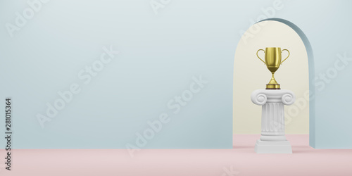 Abstract podium column with a golden trophy on the blue background with arch. The victory pedestal is a minimalist concept. Free space for text. 3D rendering.