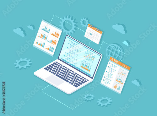 Data analysis. Analytics, statistics, audit, research, report. Web and mobile service. Financial reports, charts graphs on screens of laptop, phone, tablet. Business 3d isometric illustration