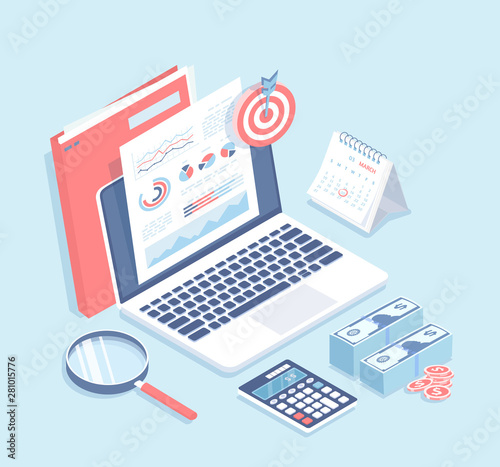 Auditing, analysis, accounting, calculation, analytics. Documents with charts graphs on the laptop screen, folder, magnifying glass, calculator, calendar, piles of money, coins. Isometric 3d vector 