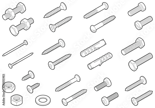 Screws / nuts / nails and wall plugs collection - vector isometric outline illustration