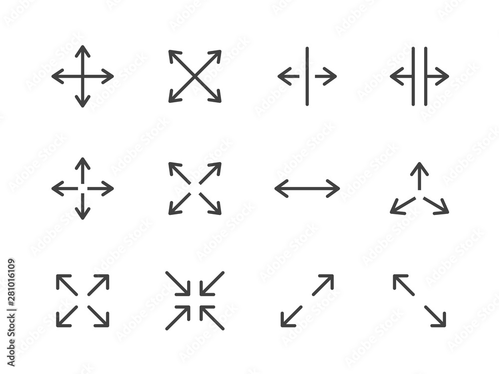 Expand Arrows Minimal Line Icon. Vector Illustration Flat style. Included Icons as Diagonal Increase, Fullscreen, Navigation. Editable Stroke. 48x48 Pixel Perfect