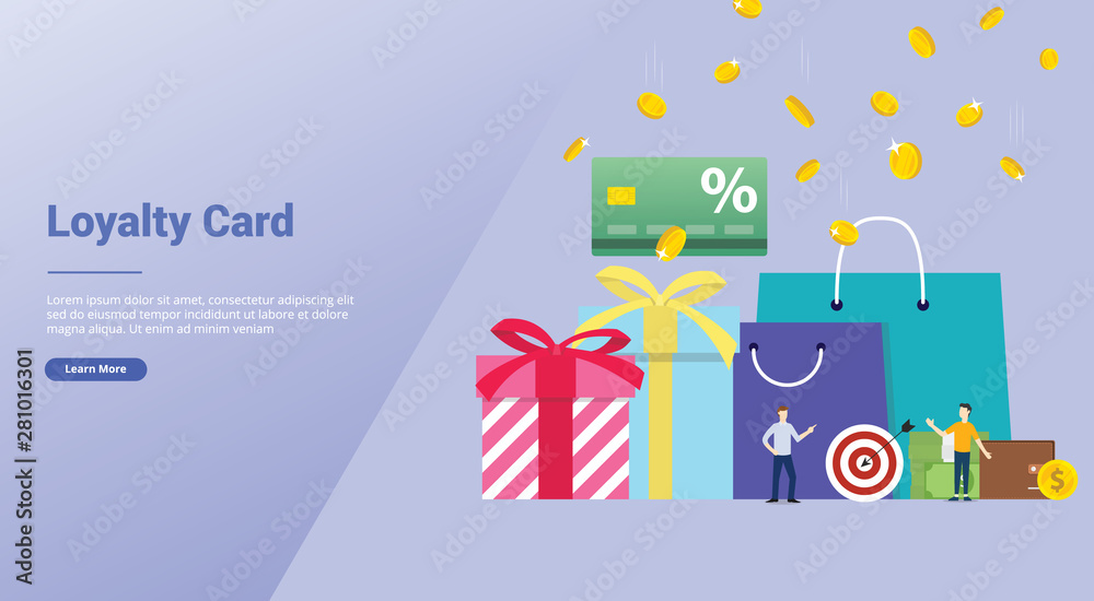 loyalty card bonus discount concept with team people and gift with modern flat style for website template landing homepage - vector