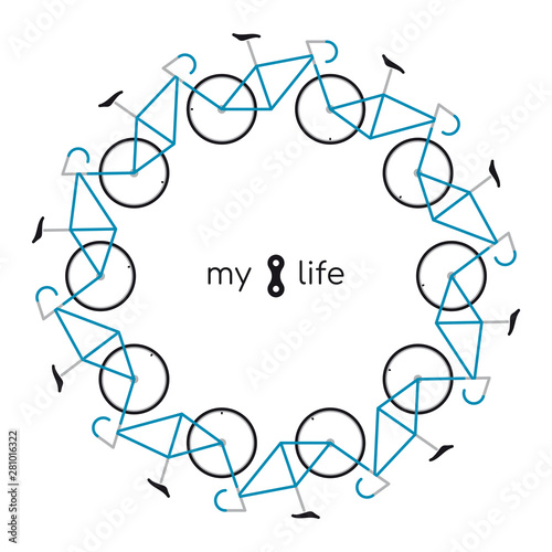 Vector simple blue line road bikes in circle with inscription "my life". Isolated on white background