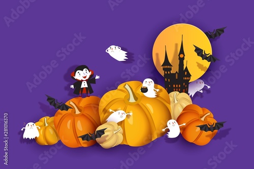 Halloween 3d design, papercut ghoul, vampire, bat, pumpkin, spook, castle