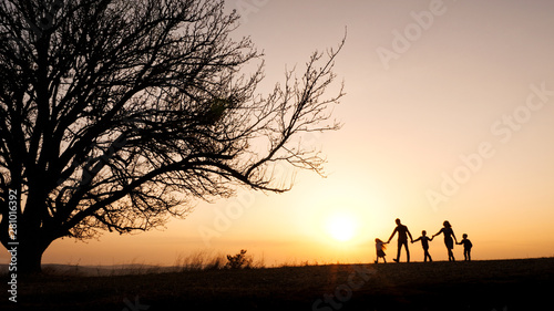 Silhouettes of happy family walking together in the meadow during sunset