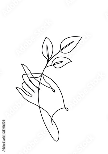 Hand holding leaves. Cotiniuous line drawing