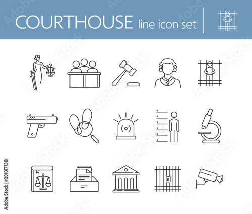Courthouse line icon set. Jury bench, prison, criminal code. Justice concept. Can be used for topics like court, trial, crime