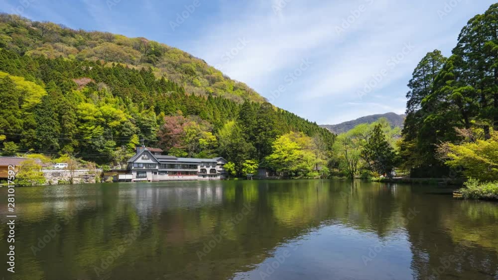 Kinrinko Lake with Mount Yufu in Oita, Yufu, Japan time lapse Kinrinko Lake with Mount Yufu in Oita, Yufu, Japan time lapse