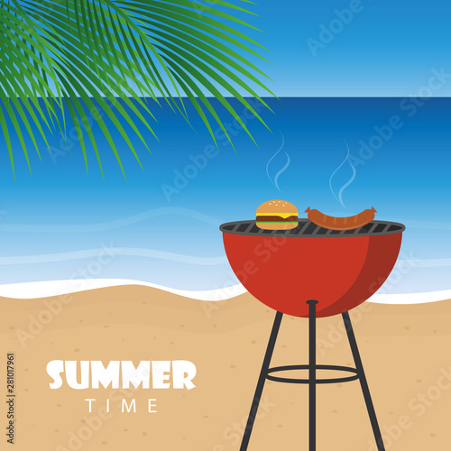 summer time barbeque on the beach with palm leaf vector illustration EPS10