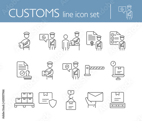 Customs icons. Set of line icons. Customs officer, passport check, custom border. Airport concept. Vector illustration can be used for topics like delivery, immigration, shipping