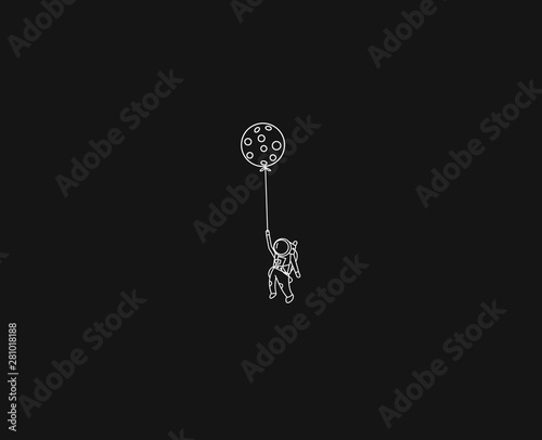 Balloon hanging astronauts space mission, Flat Line Art Vector illustration.